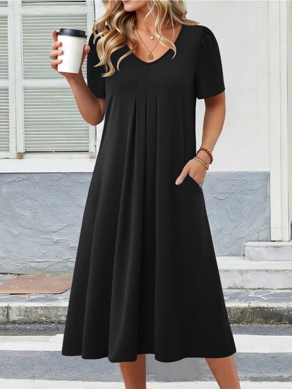 Everyday V-Neck Black Midi Dress with Pockets